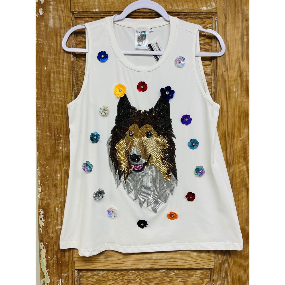 Queen of Sparkles Tank Top M Collie Flower Sequin Art Sparkly Dog Mom Lover Glam